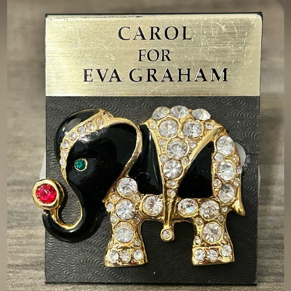Carol for Eva Graham Black Enamel Gold tone Rhinestones Elephant Brooch #A88
